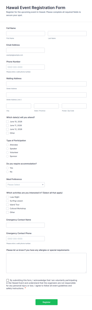 Hawaii Event Registration Form Template