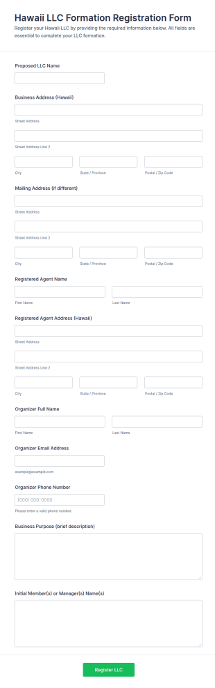 Hawaii LLC Formation Registration Form Template