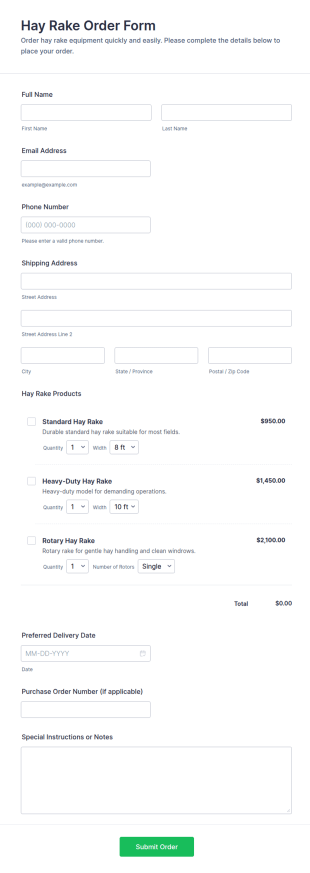 Hay Rake Order Form Template