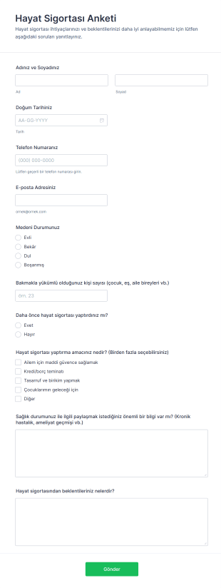 Hayat Sigortası Anketi Form Şablonu