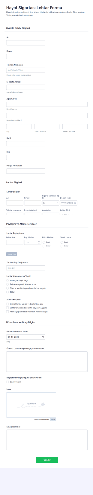 Hayat Sigortası Lehdar Form Şablonu