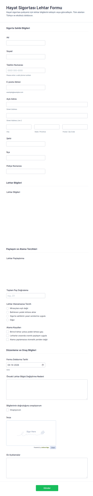 Hayat Sigortası Lehdar Form Şablonu