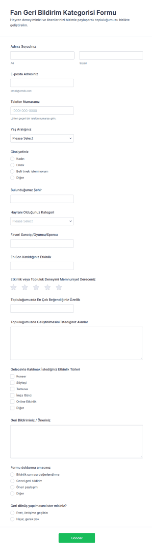 Hayran Geri Bildirim Anketi Form Şablonu