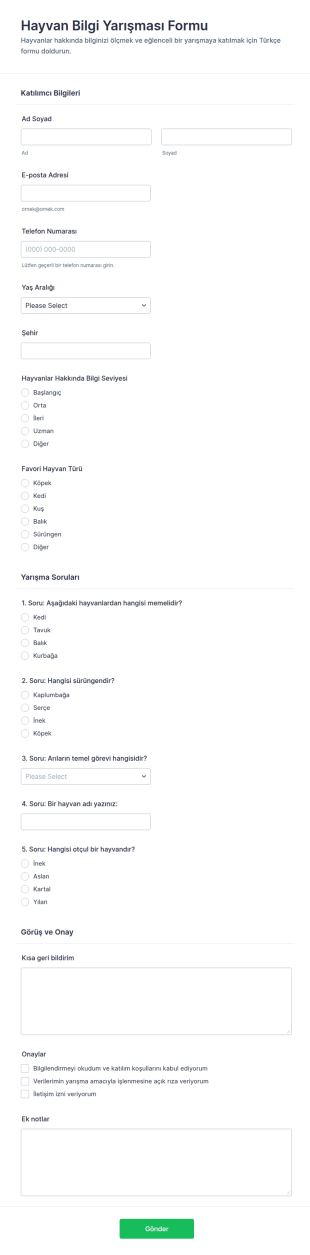 Hayvan Bilgi Yarışması Form Şablonu