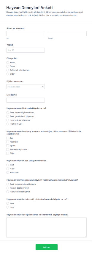 Hayvan Deneyleri Anketi Form Şablonu