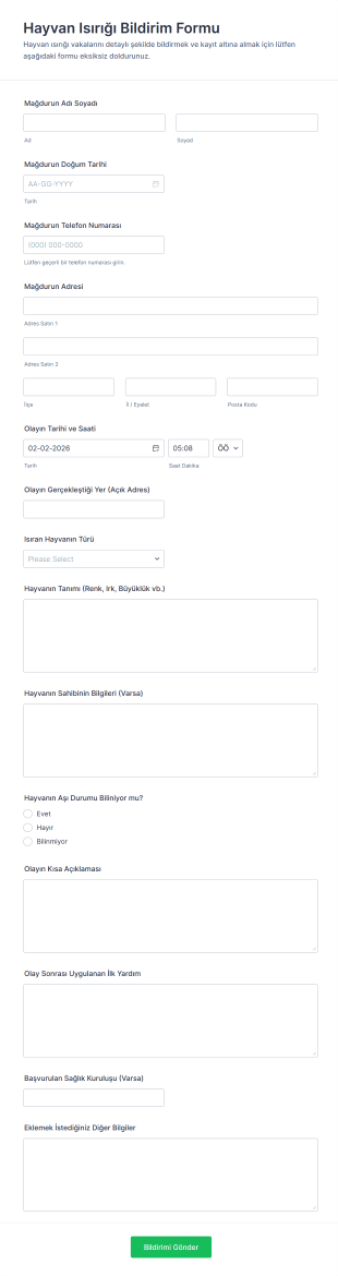 Hayvan Isırığı Bildirim Form Şablonu