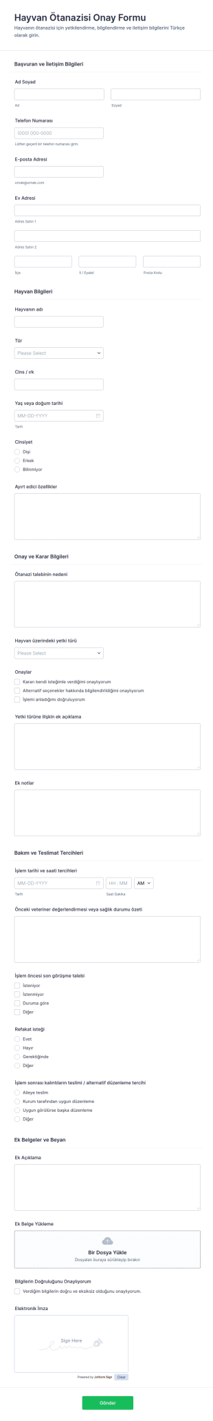 Hayvan Ötenazi Yetki Form Şablonu
