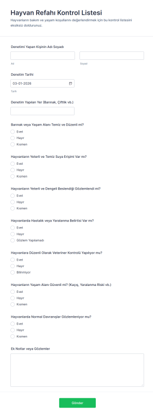 Hayvan Refahı Kontrol Listesi Form Şablonu