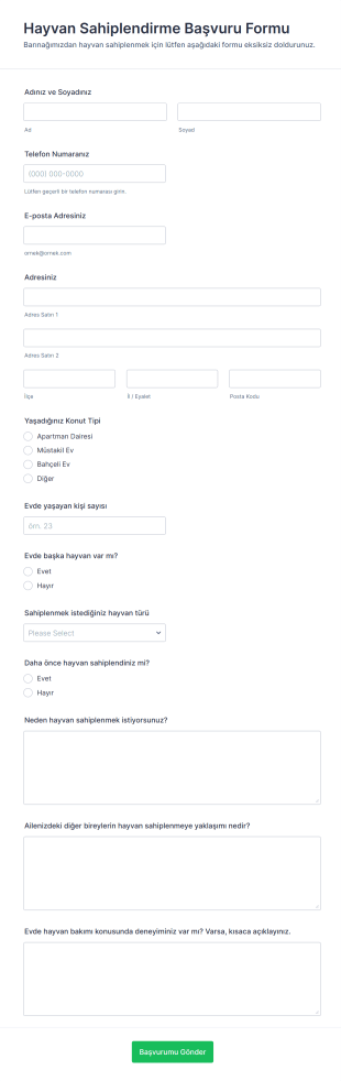 Hayvan Sahiplendirme Başvuru Form Şablonu
