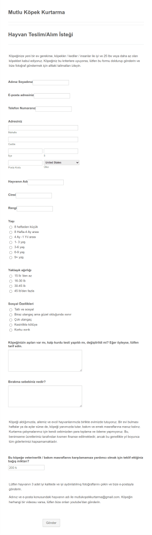 Hayvan Teslim/Alım İstek Form Template