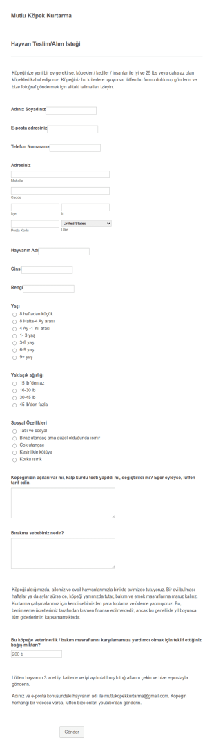 Hayvan Teslim/Alım İstek Form Şablonu
