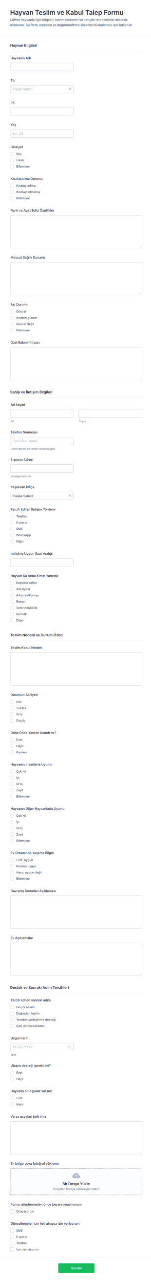 Hayvan Teslim/Alım Talebi Form Şablonu