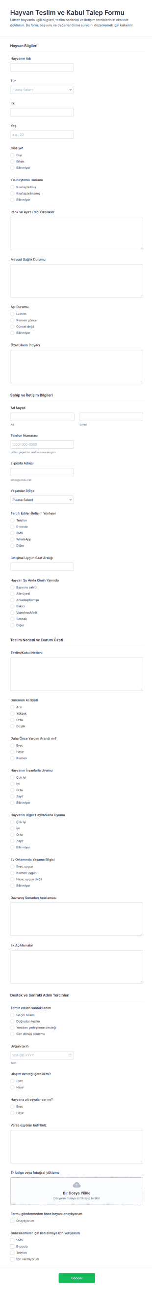 Hayvan Teslim/Alım Talebi Form Şablonu