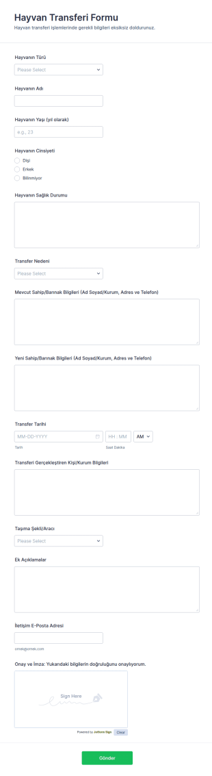 Hayvan Transferi Form Şablonu