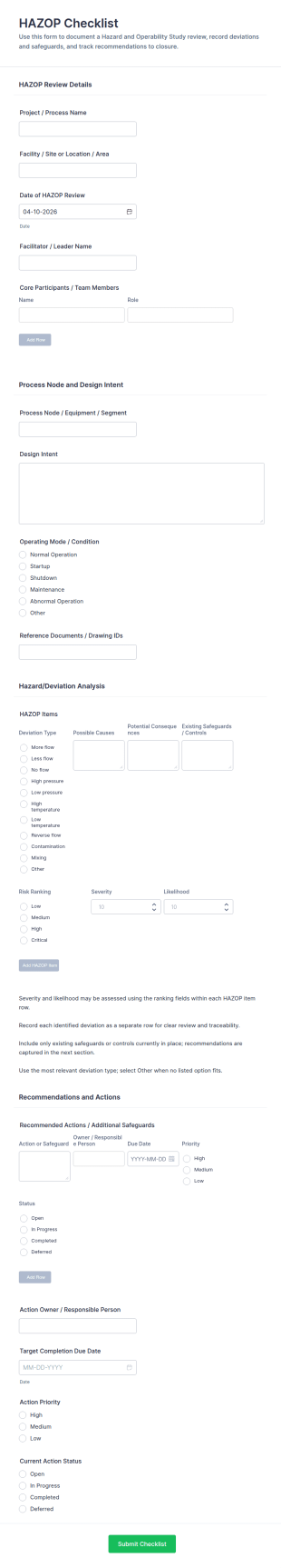 Hazard And Operability Study (HAZOP) Checklist Form Template