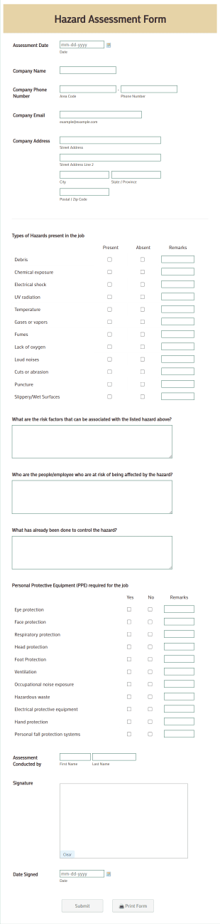 Hazard Assessment Form Template