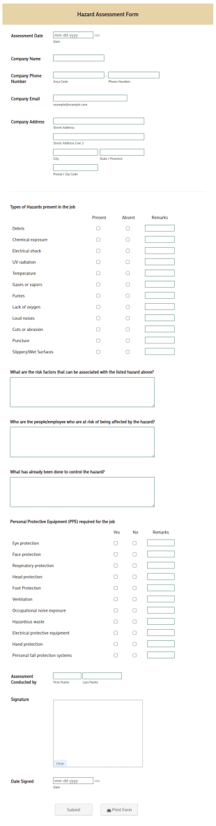 Hazard Assessment Form Template