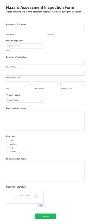 Hazard Assessment Inspection Form Template