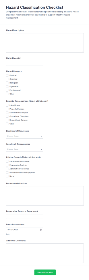 Hazard Classification Checklist Form Template