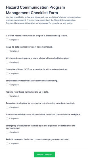 Hazard Communication Program Management Checklist Form Template