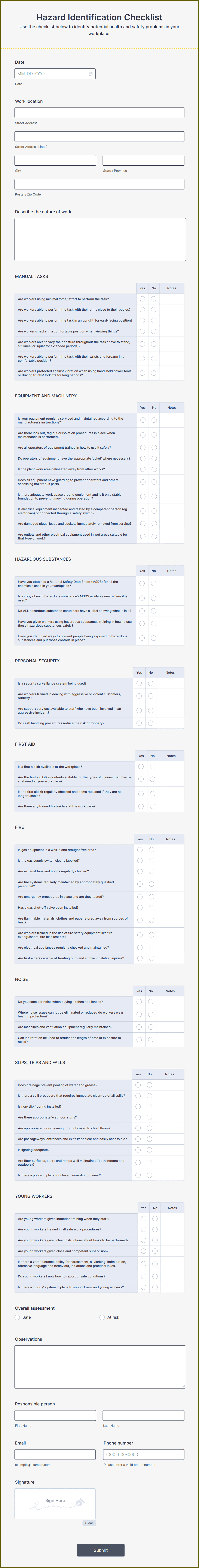 Hazard Identification Checklist Form Template | Jotform