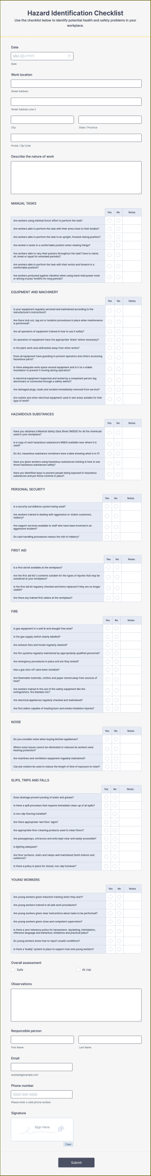 Hazard Identification Checklist Form Template