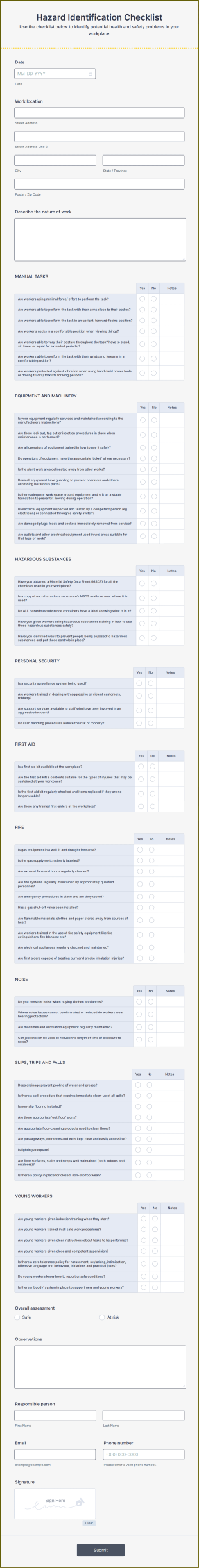 Hazard Identification Checklist Form Template