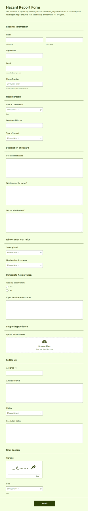 Hazard Report Form Template