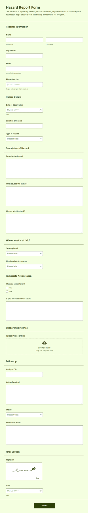 Hazard Report Form Template