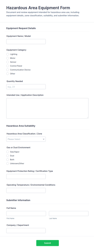 Hazardous Area Equipment Inspection Form Template