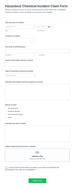 Hazardous Chemical Incident Claim Form Template