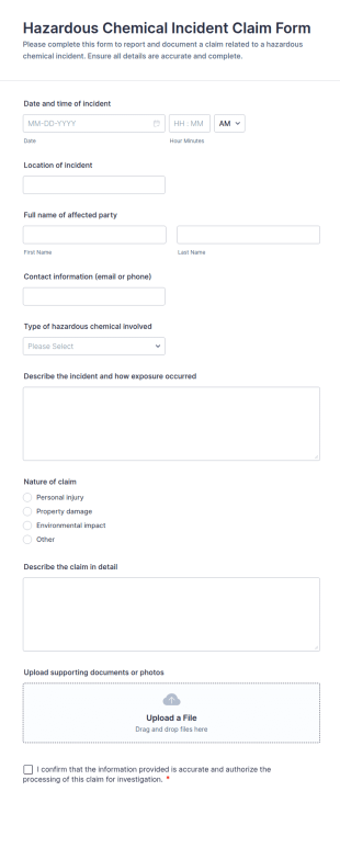 Hazardous Chemical Incident Claim Form Template