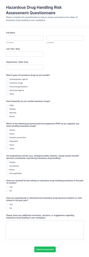 Hazardous Drug Handling Risk Assessment Form Template