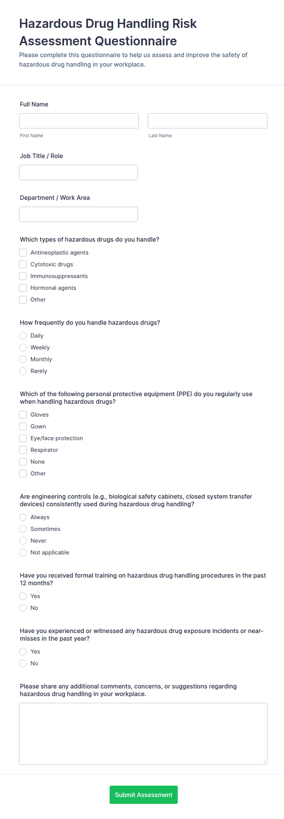 Hazardous Drug Handling Risk Assessment Form Template | Jotform