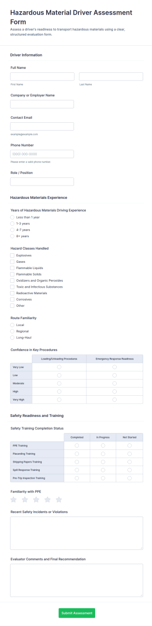 Hazardous Material Driver Assessment Form Template