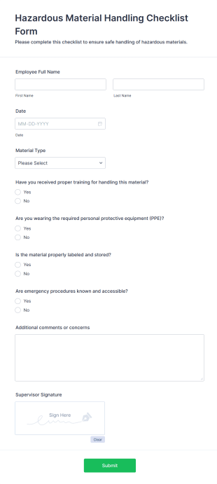 Hazardous Material Handling Checklist Form Template