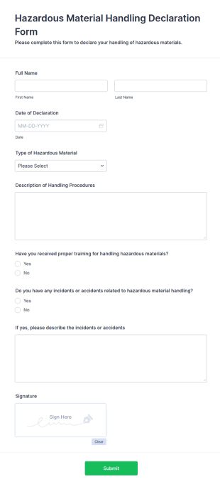 Hazardous Material Handling Declaration Form Template