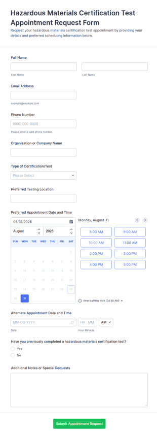 Hazardous Materials Certification Test Appointment Request Form Template