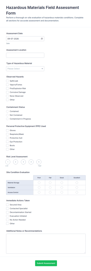 Hazardous Materials Field Assessment Form Template