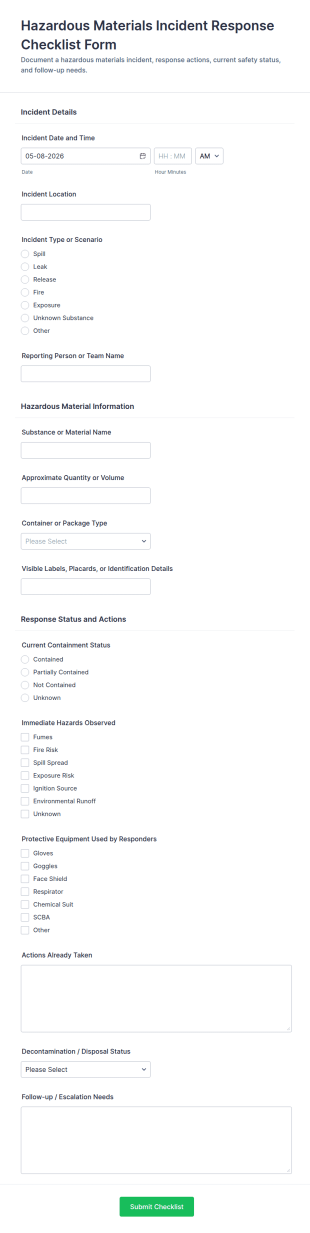 Hazardous Materials Incident Response Checklist Form Template