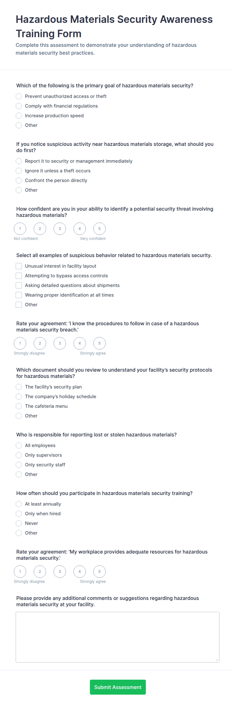 Hazardous Materials Security Awareness Training Assessment Quiz Form ...