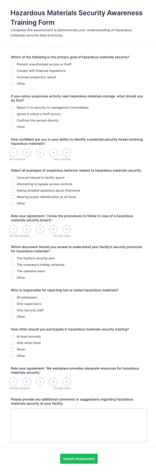 Hazardous Materials Security Awareness Training Assessment Quiz Form Template