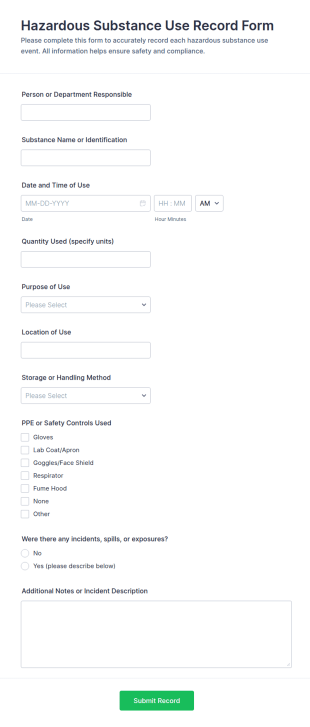 Hazardous Substance Use Record Form Template