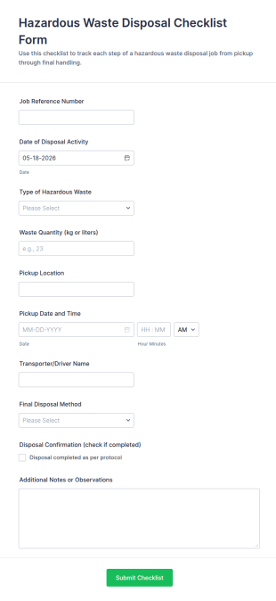 Hazardous Waste Disposal Checklist Form Template