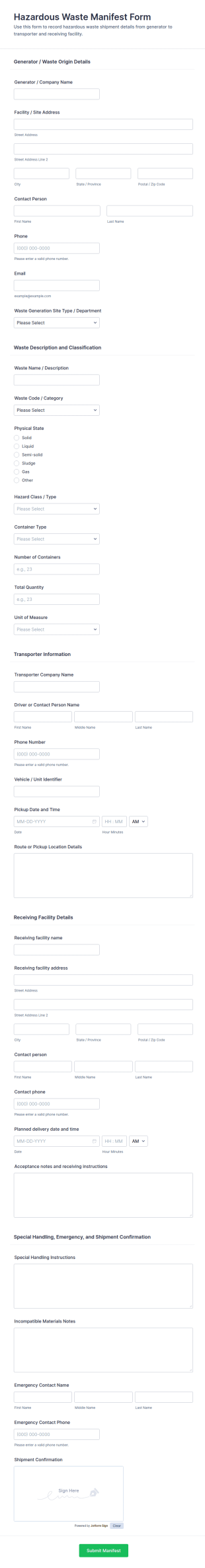 Hazardous Waste Manifest Form Template