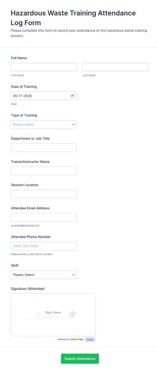 Hazardous Waste Training Attendance Log Form Template