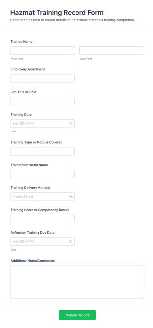 Hazmat Training Record Form Template