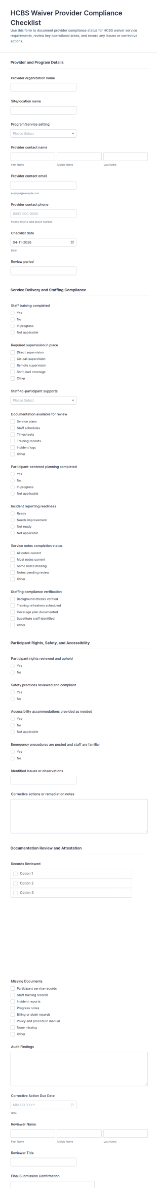 HCBS Waiver Provider Compliance Checklist Form Template