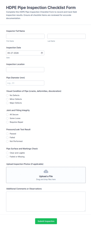 HDPE Pipe Inspection Checklist Form Template