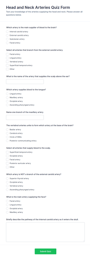 Head And Neck Arteries Quiz Form Template